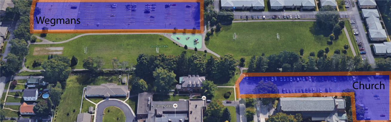 overhead view of joshua park in irondequoit showing available parking